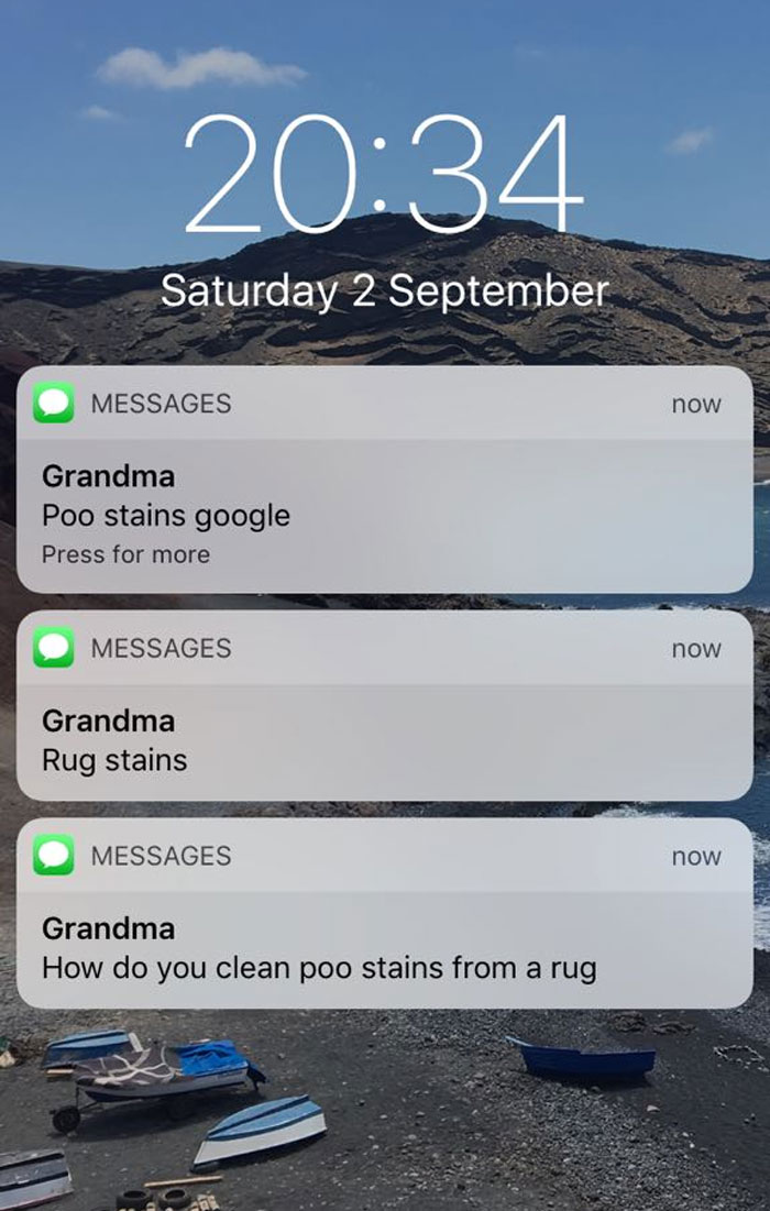 Awkward text messages from Grandma asking about cleaning rug stains appear on phone screen.