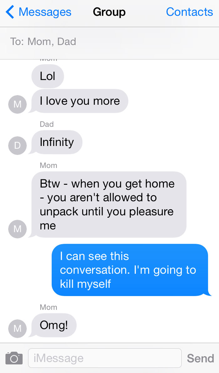 Awkward text message exchange in a group chat, humorously exposing private conversation.