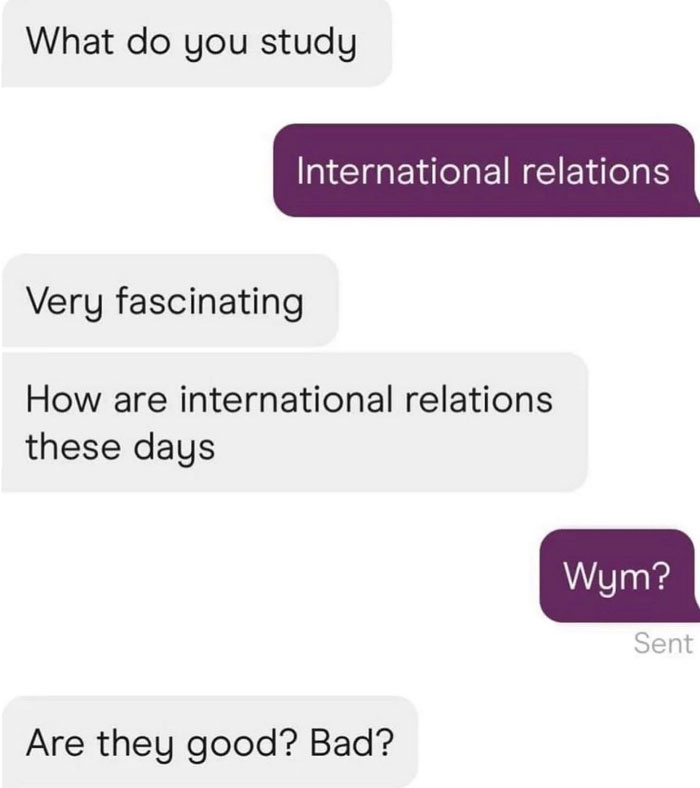 Awkward text exchange about studying international relations, ending with confusion about the topic.