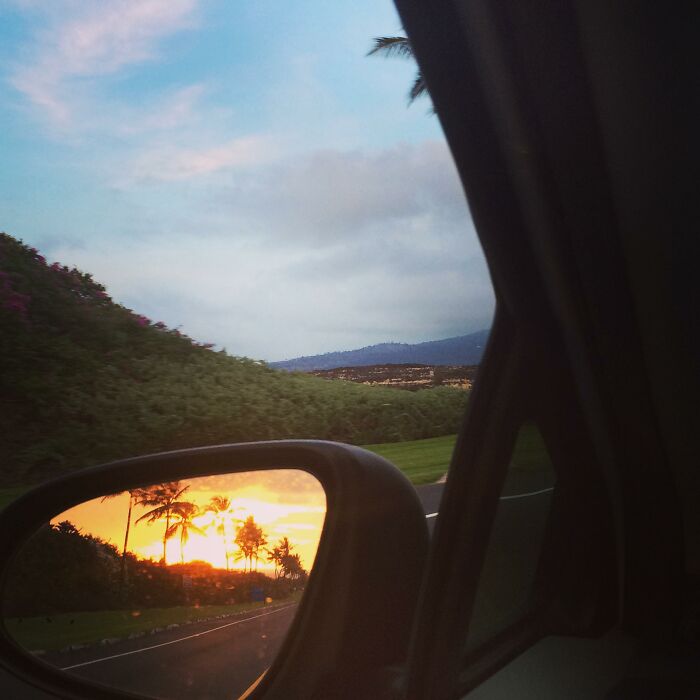Car mirror reflection of a vibrant sunset over palm trees on a scenic drive, demonstrating interesting not photoshopped visuals.