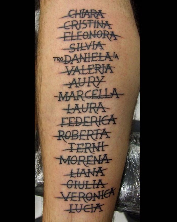 Epic tattoo fail featuring multiple crossed-out names on an arm, highlighting humorous tattoo mistakes.
