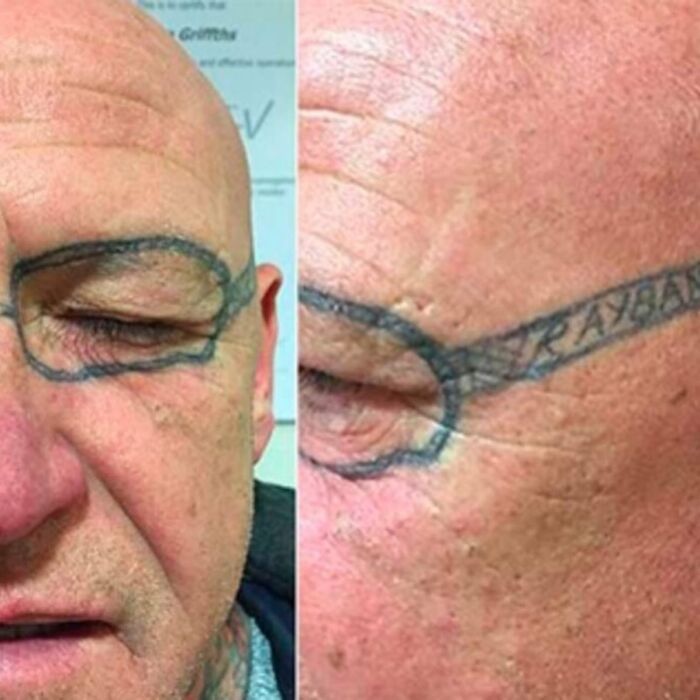 Close-up of a man's face with an eyebrow tattoo resembling Ray-Ban glasses, showcasing a tattoo fail.