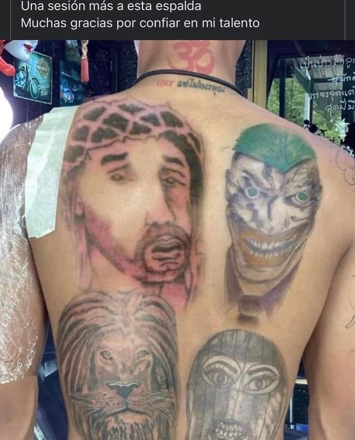 Epic tattoo fails on a man's back, featuring uneven portraits and mismatched designs.