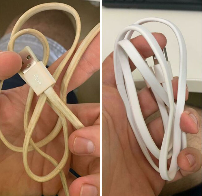 Before-after-cleaning pictures of USB cables, one dirty and the other clean, held in a hand.