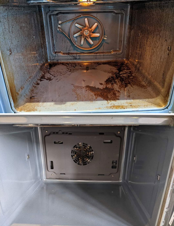 Before and after cleaning pictures of an oven interior, showcasing a dramatic transformation from grimy to spotless.