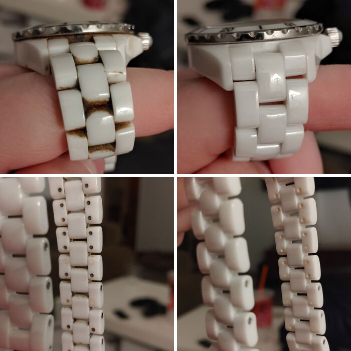 Before and after cleaning pictures of a white watch strap, showing transformation from dirty to spotless condition.