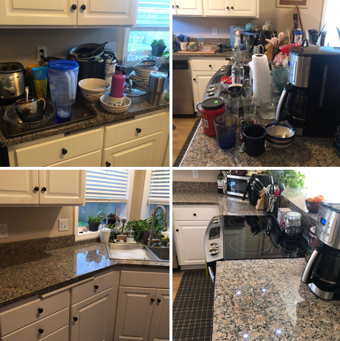 Before-after cleaning pictures showing a kitchen countertop transformation from cluttered to clean.