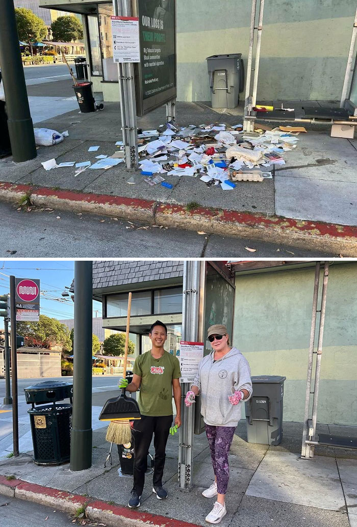 Before-after cleaning pictures showing a messy bus stop cleaned by two smiling people.