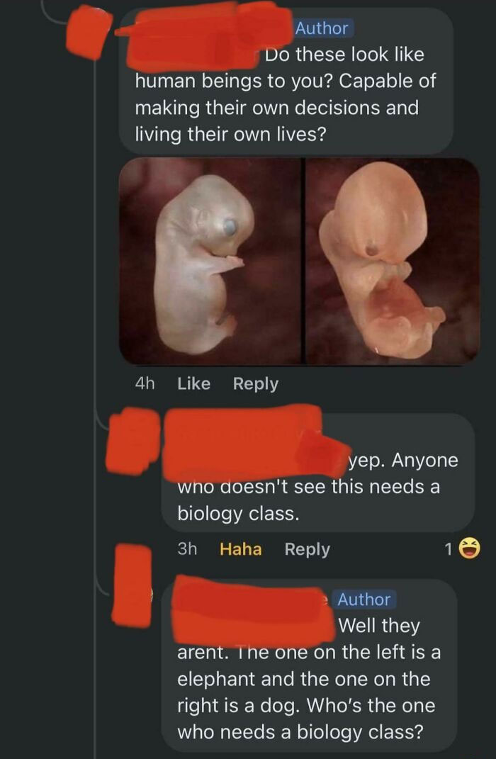 Screenshot of a biology-related cringe post showing animal embryos mistakenly identified as human.