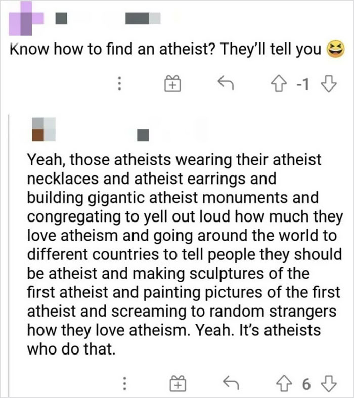 Cringe post about atheist stereotypes, showing exaggerated comments and reactions.