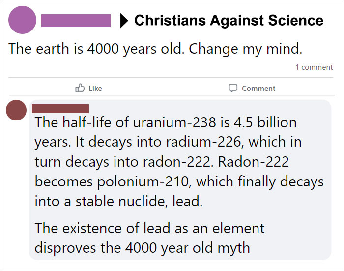 Social media post with unshakable confidence, debunked by scientific explanation on uranium-238 decay.