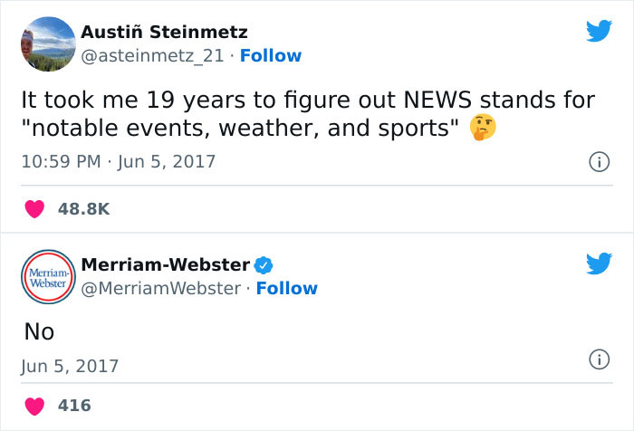 Tweet exchange featuring a cringe post on news acronym, with a humorous Merriam-Webster reply.