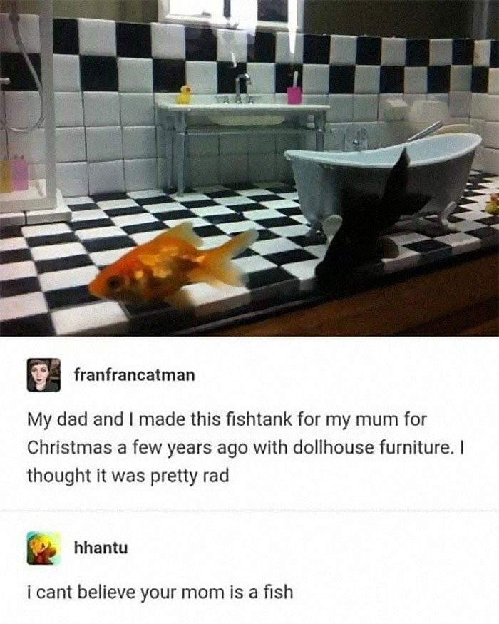 Fish tank with dollhouse bathroom furniture design showing a bathtub and checkered floor illustrating cleaning challenges for designers.