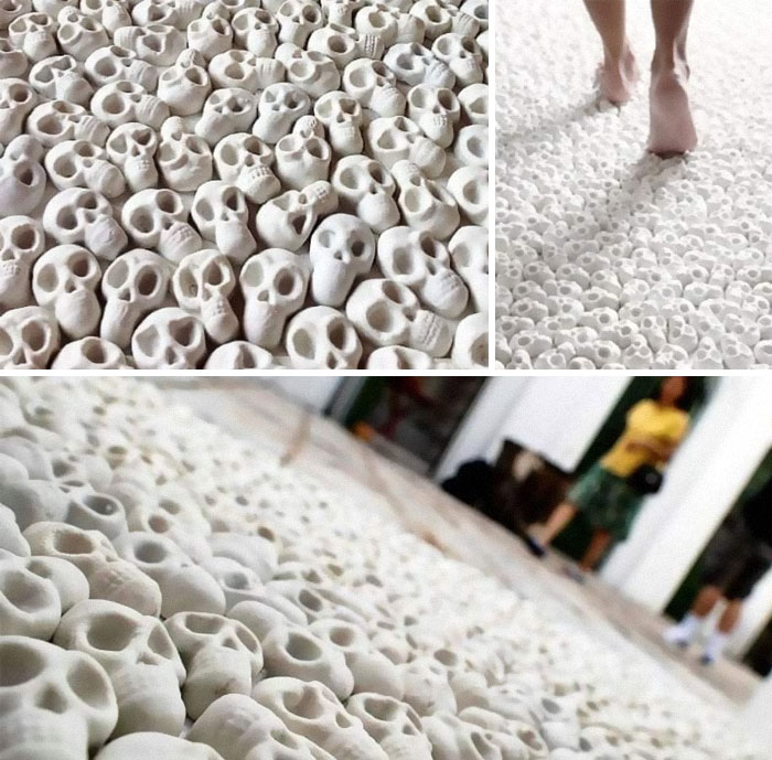 Floor covered with numerous small skull-shaped objects creating a challenging design for cleaning tasks.