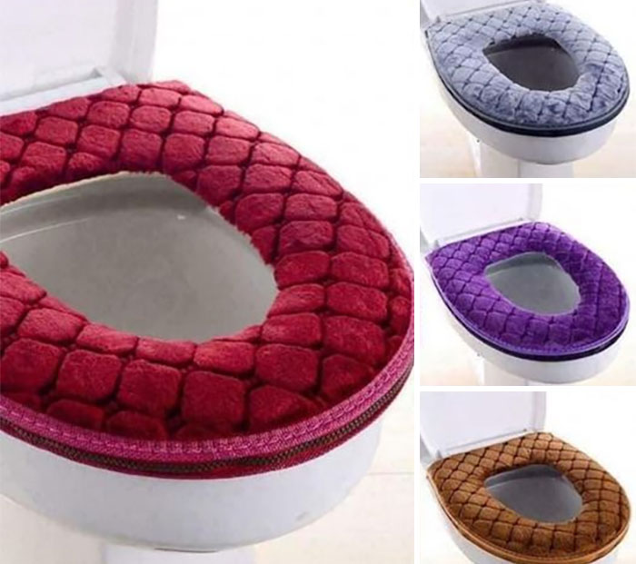 Plush toilet seat covers in various colors showing designer creations overlooked for cleaning challenges.