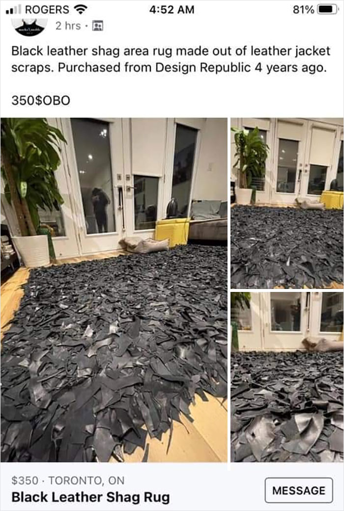 Black leather s**g rug made from leather jacket scraps covering floor, showcasing a design that will be difficult to clean.