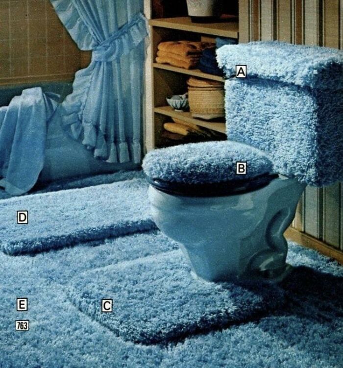 Bathroom covered in blue s**g carpet, illustrating a designer creation that will require extensive cleaning.