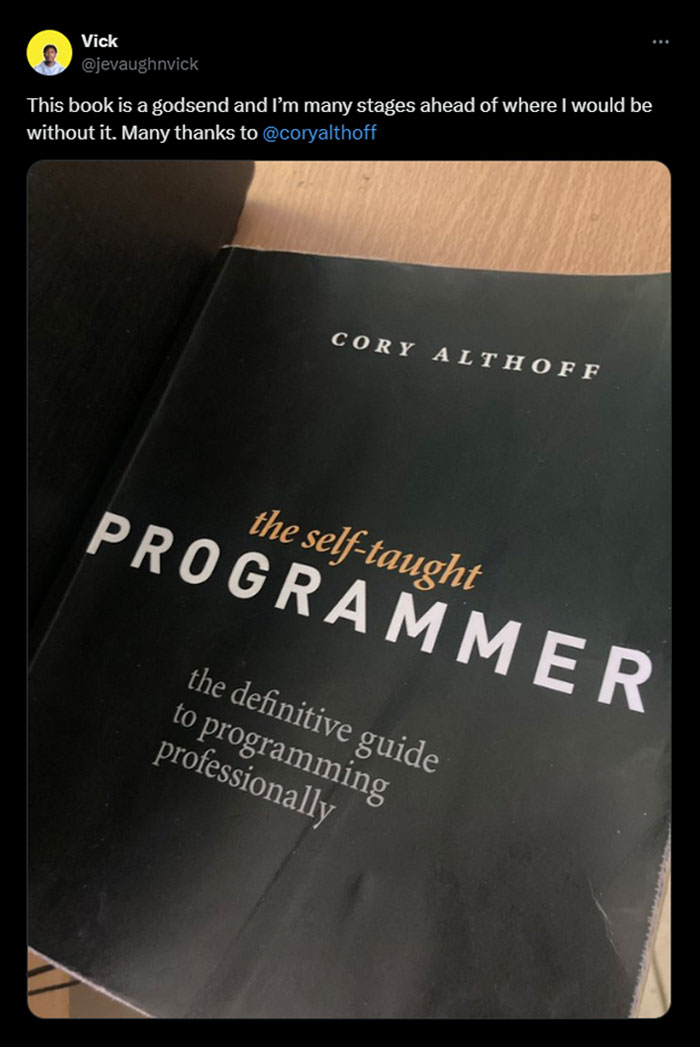 A Twitter post featuring the book "The Self-Taught Programmer" by Cory Althoff, Bobbi Althoff&rsquo;s Husband described as a valuable resource for professional programming.