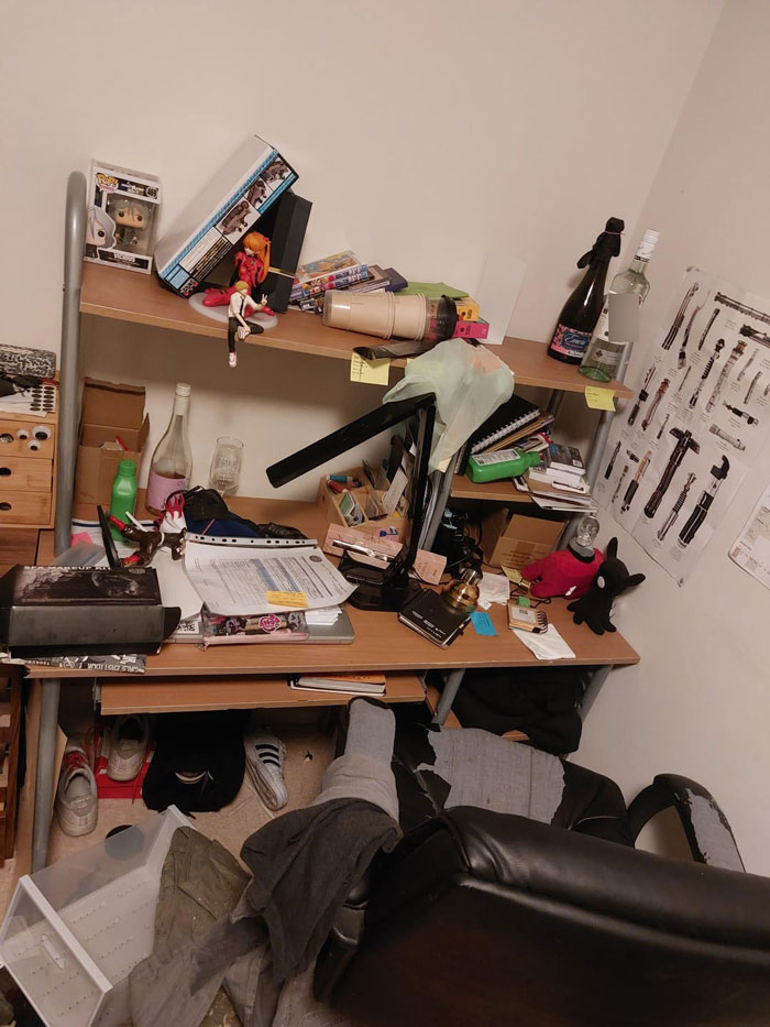 Room trashed by parents with scattered belongings and overturned chair, after a 20-year-old lost his keys. Room trashed by parents with scattered belongings and overturned chair, after a 20-year-old lost his keys.