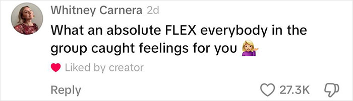 Comment on social media by Whitney Carnera saying what an absolute flex as group caught feelings, related to Mormon soft-swinging parties scandal.