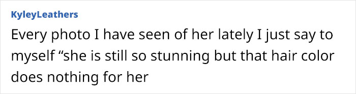 Text screenshot commenting on Angelina Jolie's hair color, mentioning her as still stunning.