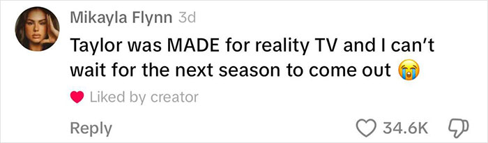 Comment from Mikayla Flynn praising Taylor as perfect for reality TV with anticipation for next season, amid MomTok scandal discussion.