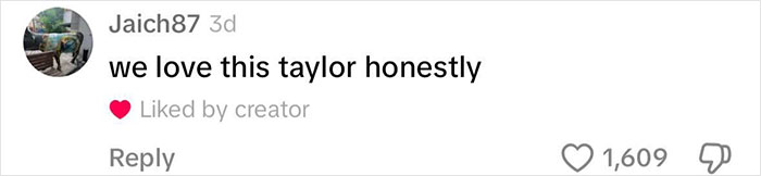 Screenshot of a TikTok comment saying "we love this taylor honestly" with 1,609 likes on a post related to Mormon soft-swinging parties.