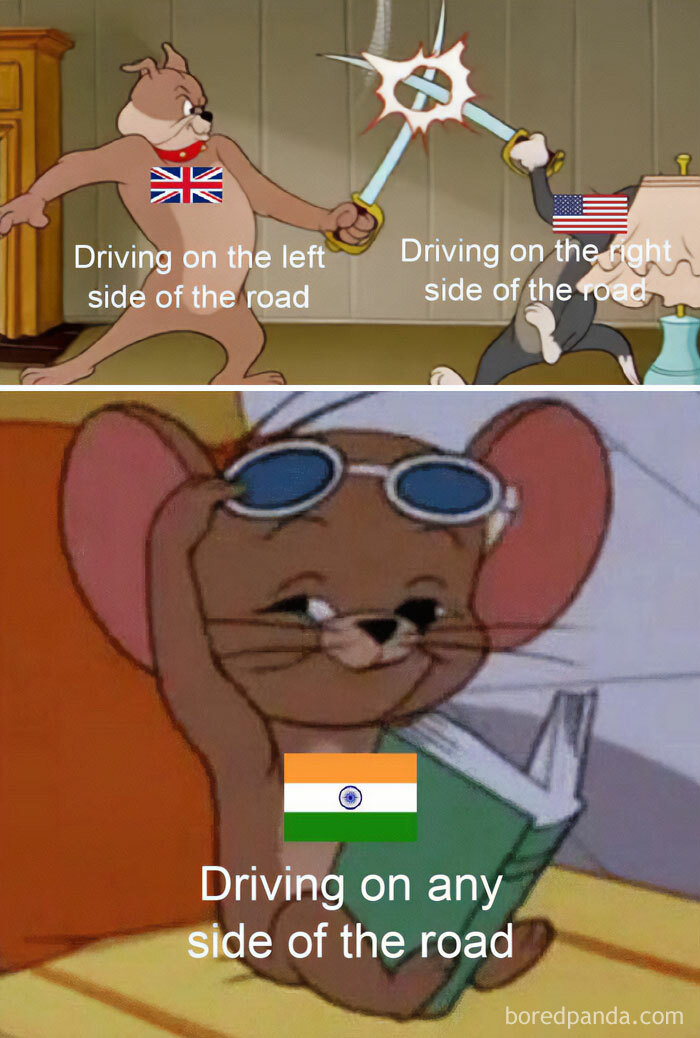A car meme with characters labeled "UK" and "US" arguing over left and right side driving, while a relaxed character labeled "India" reads, captioned "Driving on any side."