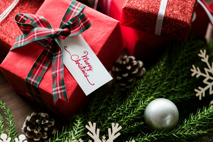 Red Christmas gift with plaid ribbon and tag, surrounded by pine branches and ornaments.