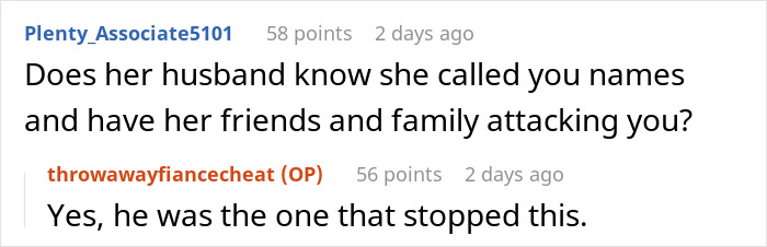 Reddit exchange about a woman's past affair and current relationship details.