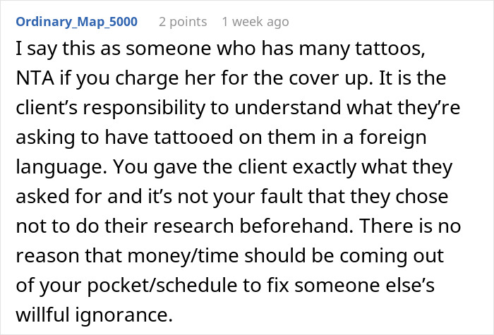 Comment discussing tattoo responsibility and cover-up costs.