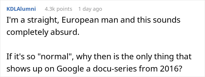 Text screenshot discussing a husband's gaycation request causing surprise.