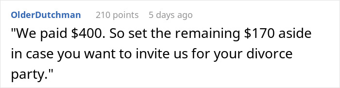Text exchange about unexpected $115 wedding charge, suggesting saving $170 for a future divorce party.