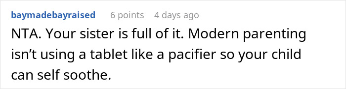 Reddit comment discussing parenting, highlighting criticism of using tablets to soothe children.