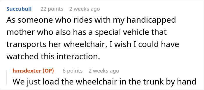 Reddit conversation about a handicapped parking incident, highlighting accessibility issues.