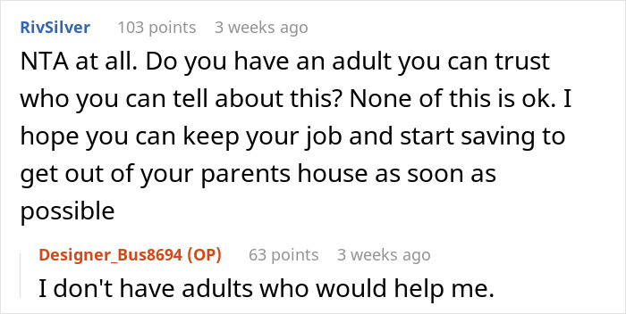 Reddit comment thread discussing family pressure and seeking advice.