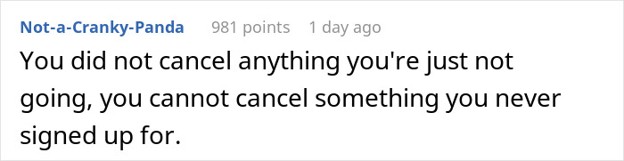Text exchange with a commenter stating, "You did not cancel anything, you're just not going. Text exchange with a commenter stating, "You did not cancel anything, you're just not going.