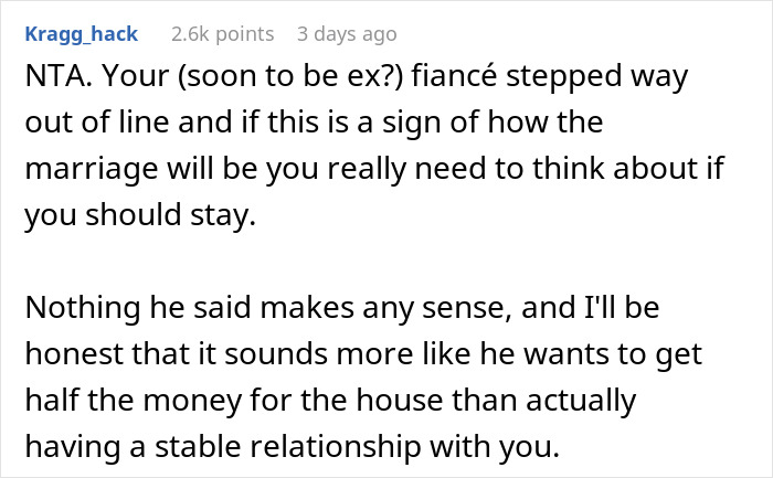 Comment discussing relationship issues and house ownership with fianc&eacute;.