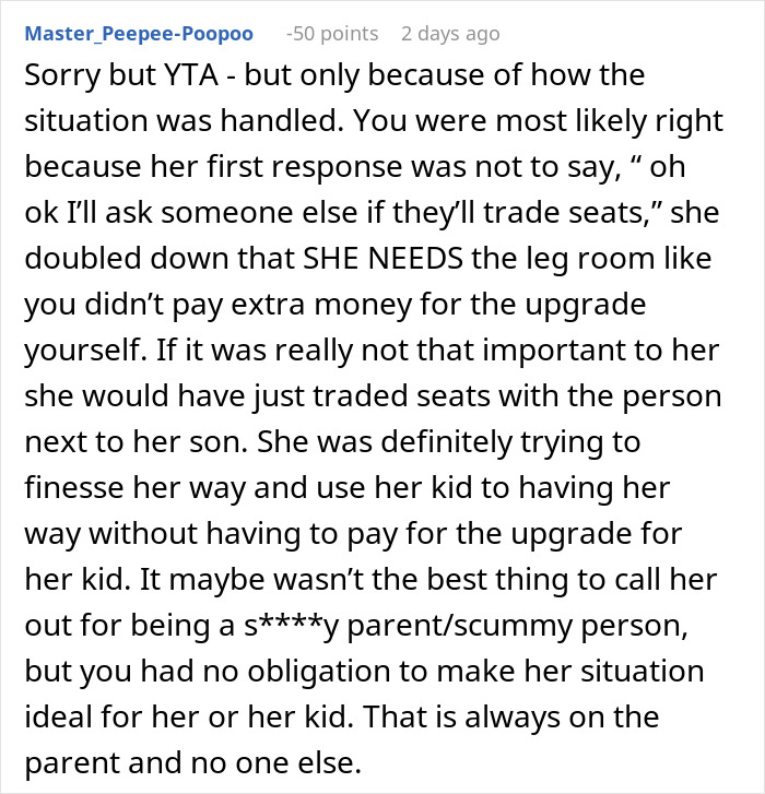 Reddit comment criticizing a mom's failed attempt to swap plane seats for more legroom.