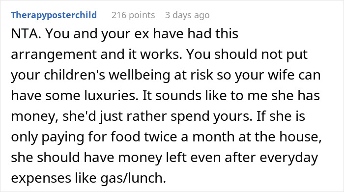 Online comment supporting husband&rsquo;s financial support to his kids with ex, advising against wife's demands.
