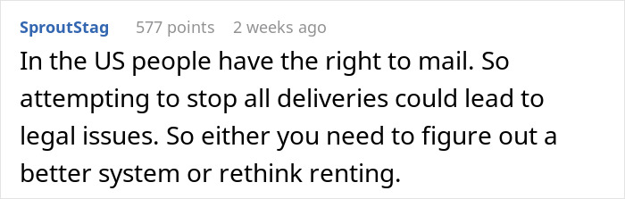 Reddit comment discussing tenant delivery rights and rental issues.
