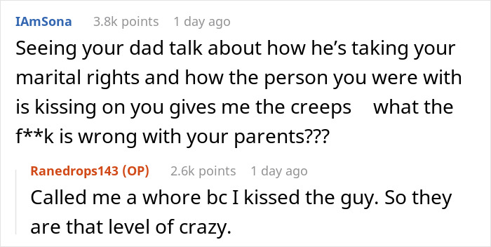 Reddit conversation about being stalked by parents on a date, highlighting shock and concern. Reddit conversation about being stalked by parents on a date, highlighting shock and concern.