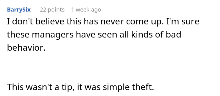A comment discusses a cashier giving himself a tip, calling it theft.