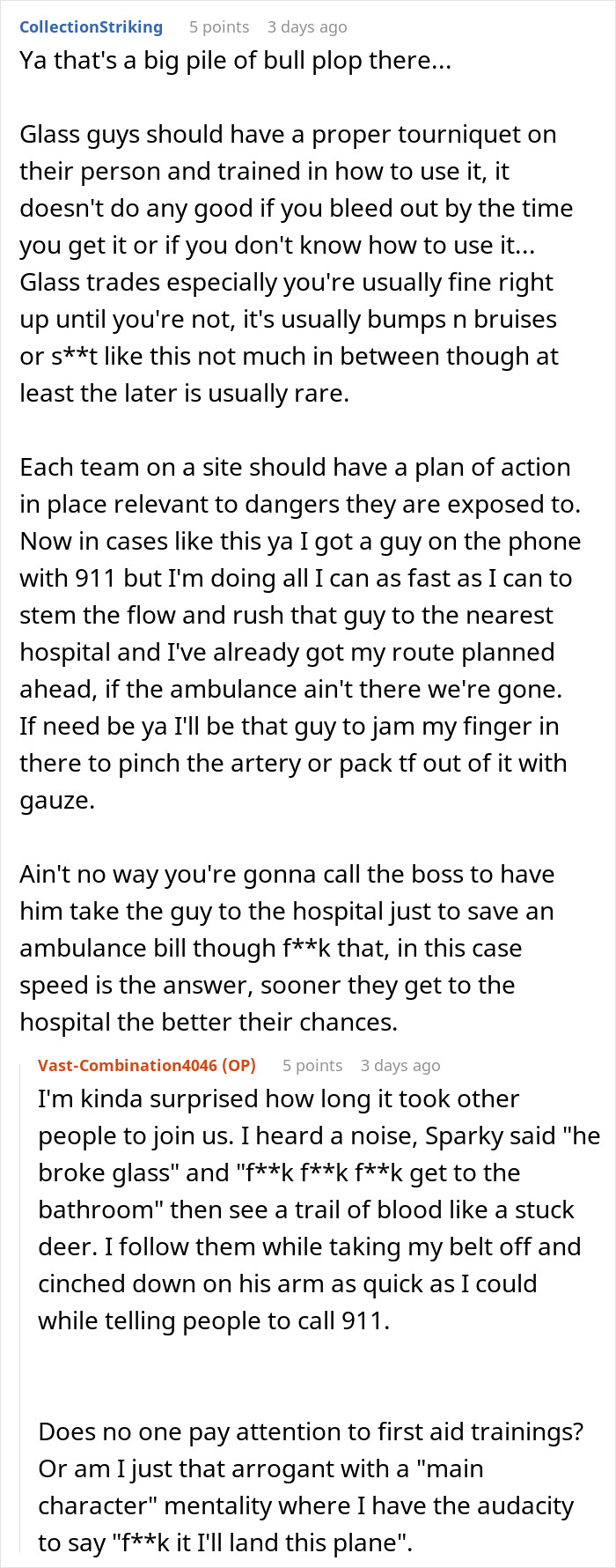 Reddit comment discussing a work incident involving a bleeding employee needing hospital care and the boss's reaction. Reddit comment discussing a work incident involving a bleeding employee needing hospital care and the boss's reaction.