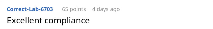 Screenshot of a Reddit comment praising excellent compliance with 65 points. Screenshot of a Reddit comment praising excellent compliance with 65 points.