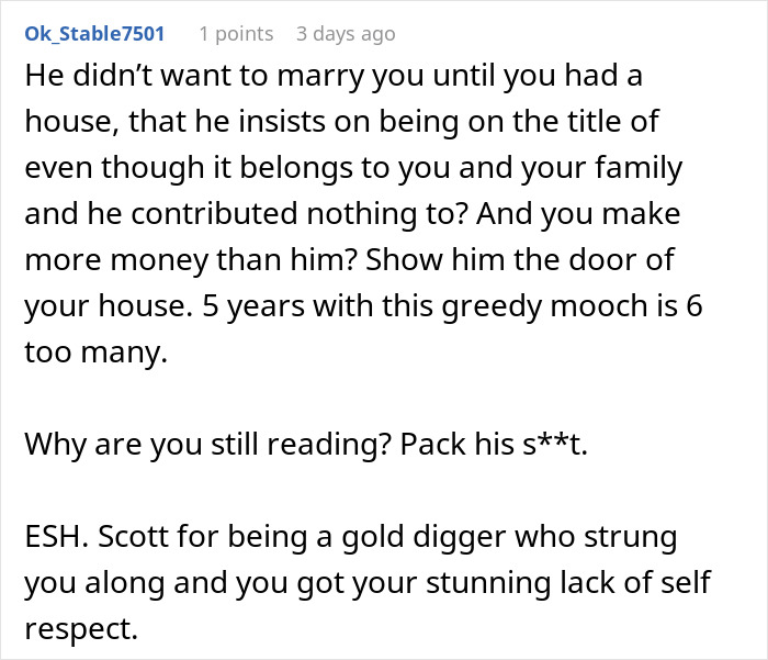 Text conversation about a woman refusing house ownership with fianc&eacute;, discussing his insistence despite lack of contribution.