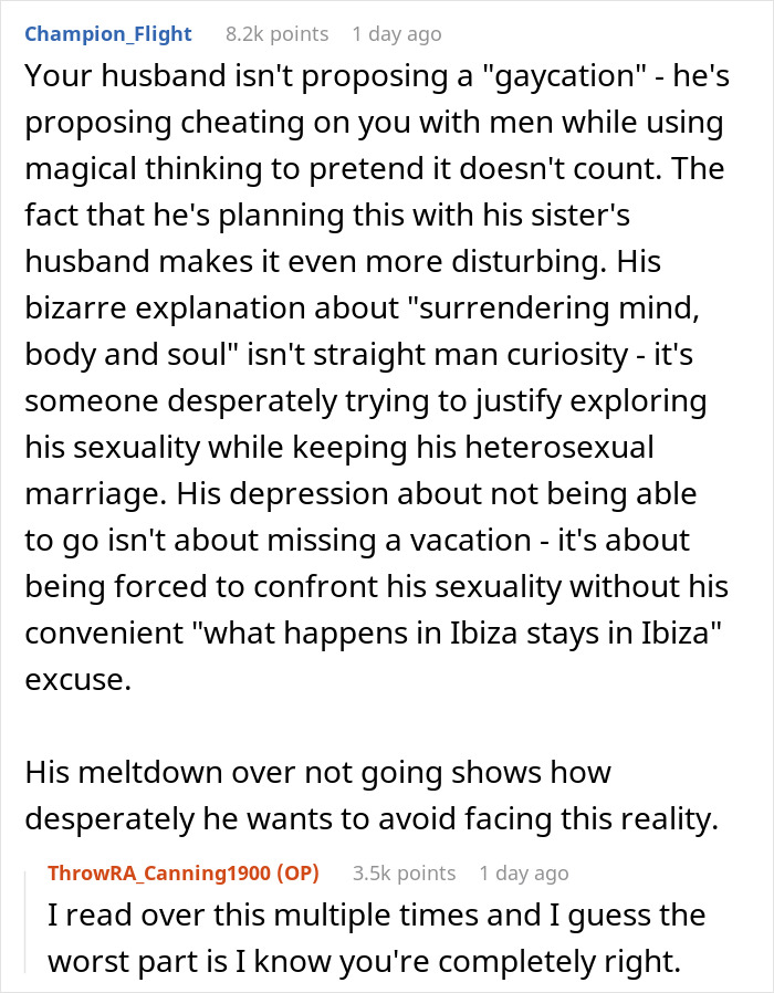 Reddit comment discussing a husband's request for a "gaycation" and its potential impact on marriage.