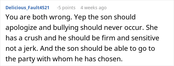 Text comment discussing family drama regarding a son, family friend, and social pressure.