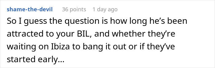 Comment discussing brother-in-law's attraction during gaycation request.