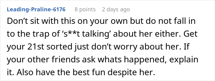 Text message revealing emotions between women friends, suggesting coping strategies and encouraging fun despite conflict.